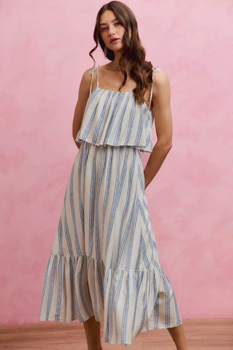 Stripe Tiered Shoulder Tie Midi Lined Dress, image 5