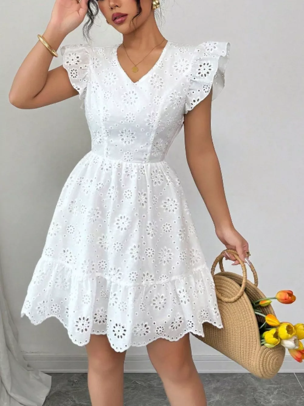 Eyelet Ruffle Sleeve Mini Dress, image 2