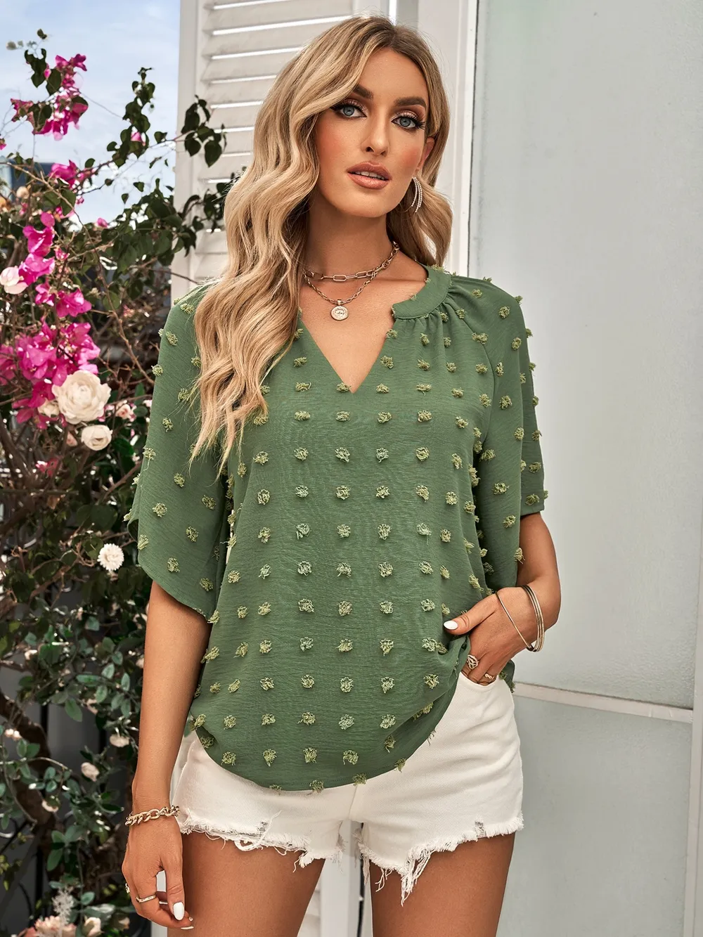 Swiss Dot Notched Half Se Blouse, image 2