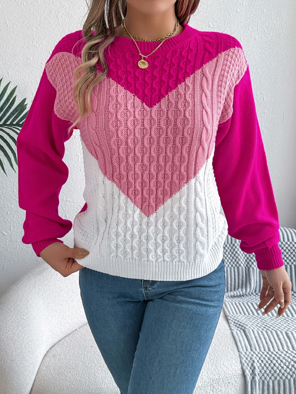 Contrast Round Neck Long Sleeve Sweater, image 13