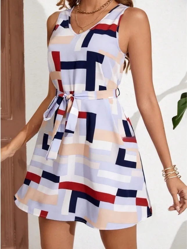 Geometric Print Sleeveless Mini Dress with Belt, image 2