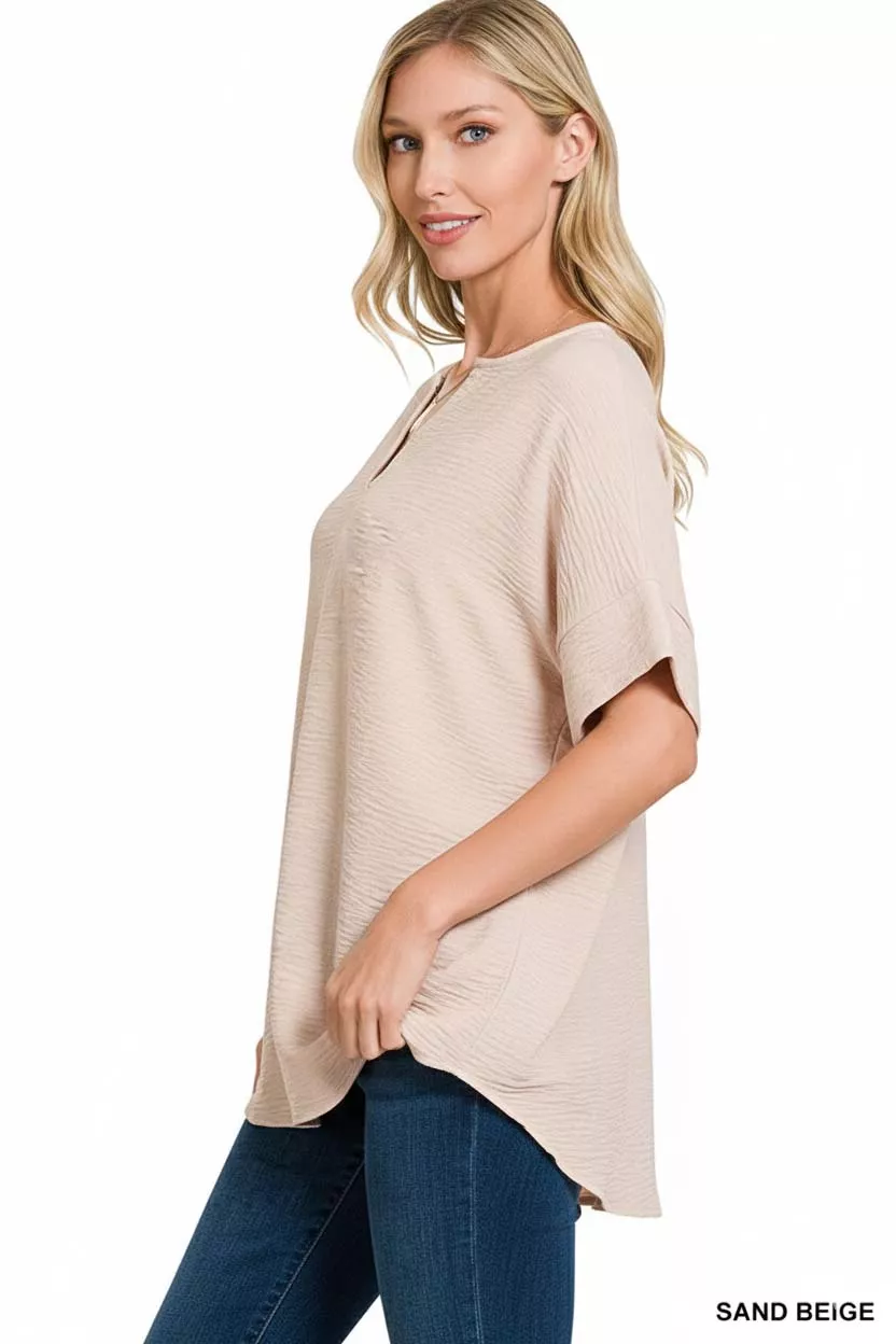 Woven Airflow Split Neck Short Sleeve Top, image 2