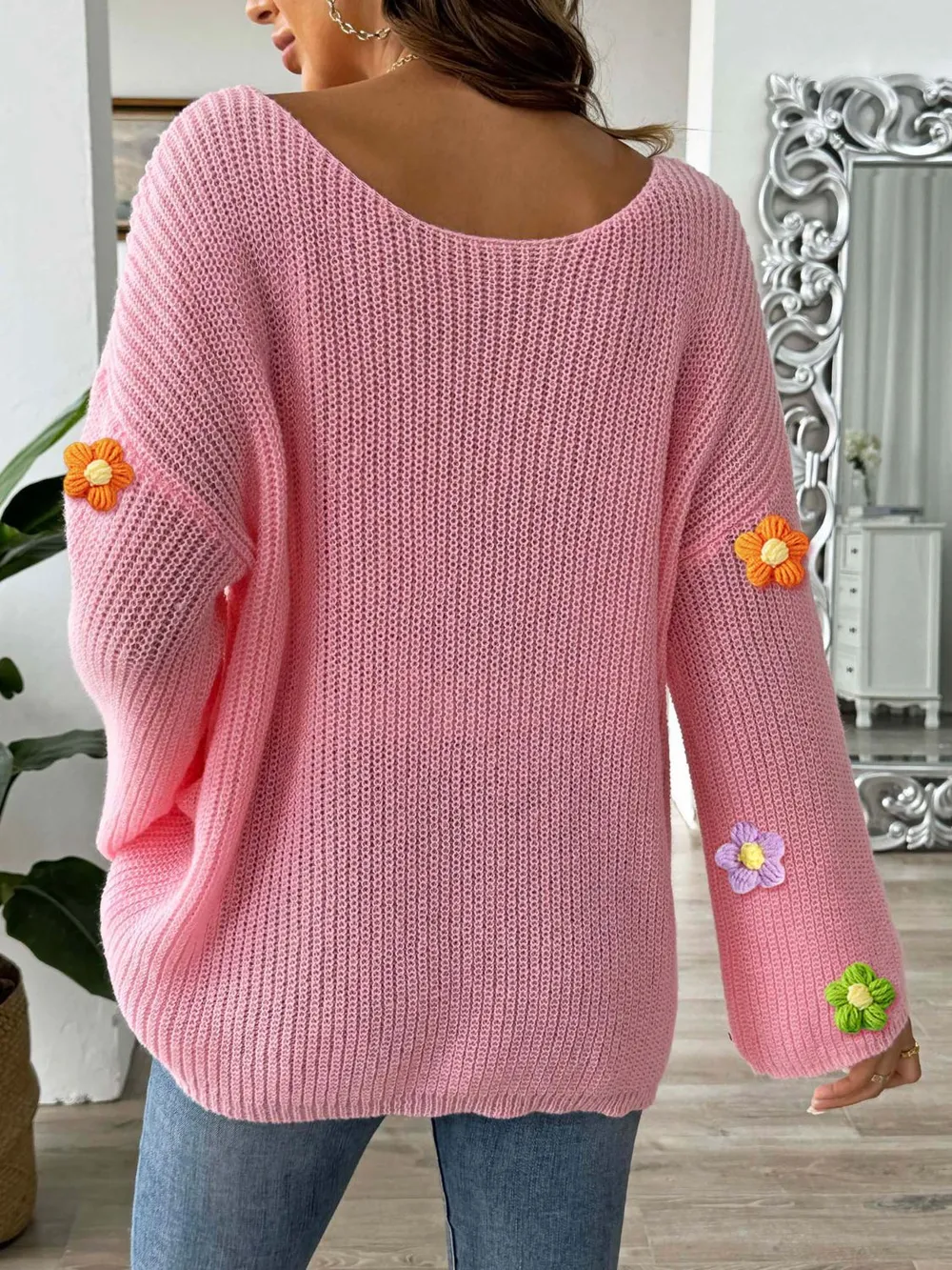 Flower Round Neck Long Sleeve Sweater, image 3
