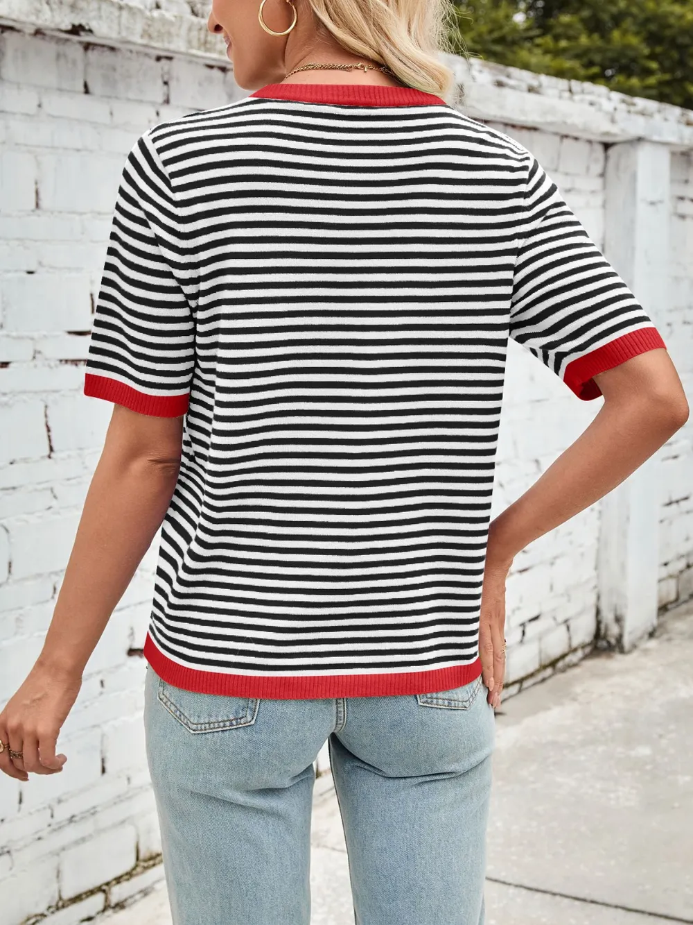 Striped Contrast Round Neck Half Sleeve Knit Top, image 20