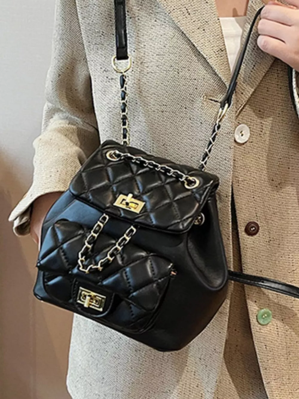 Quilted Chain Decor Backpack Bag, image 2
