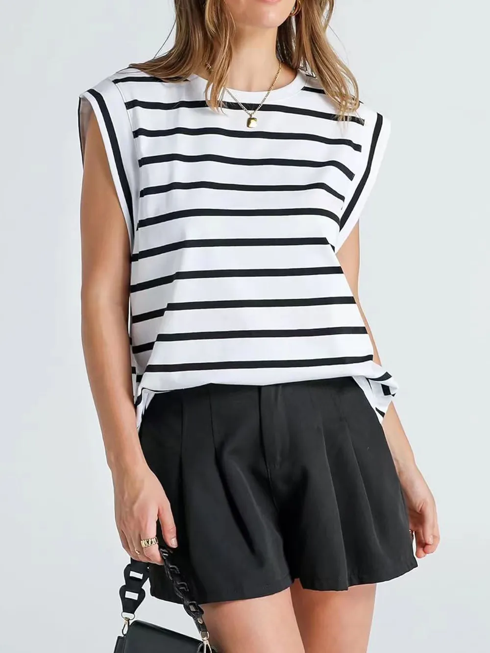 Striped Round Neck Cap Sleeve T-Shirt, image 2
