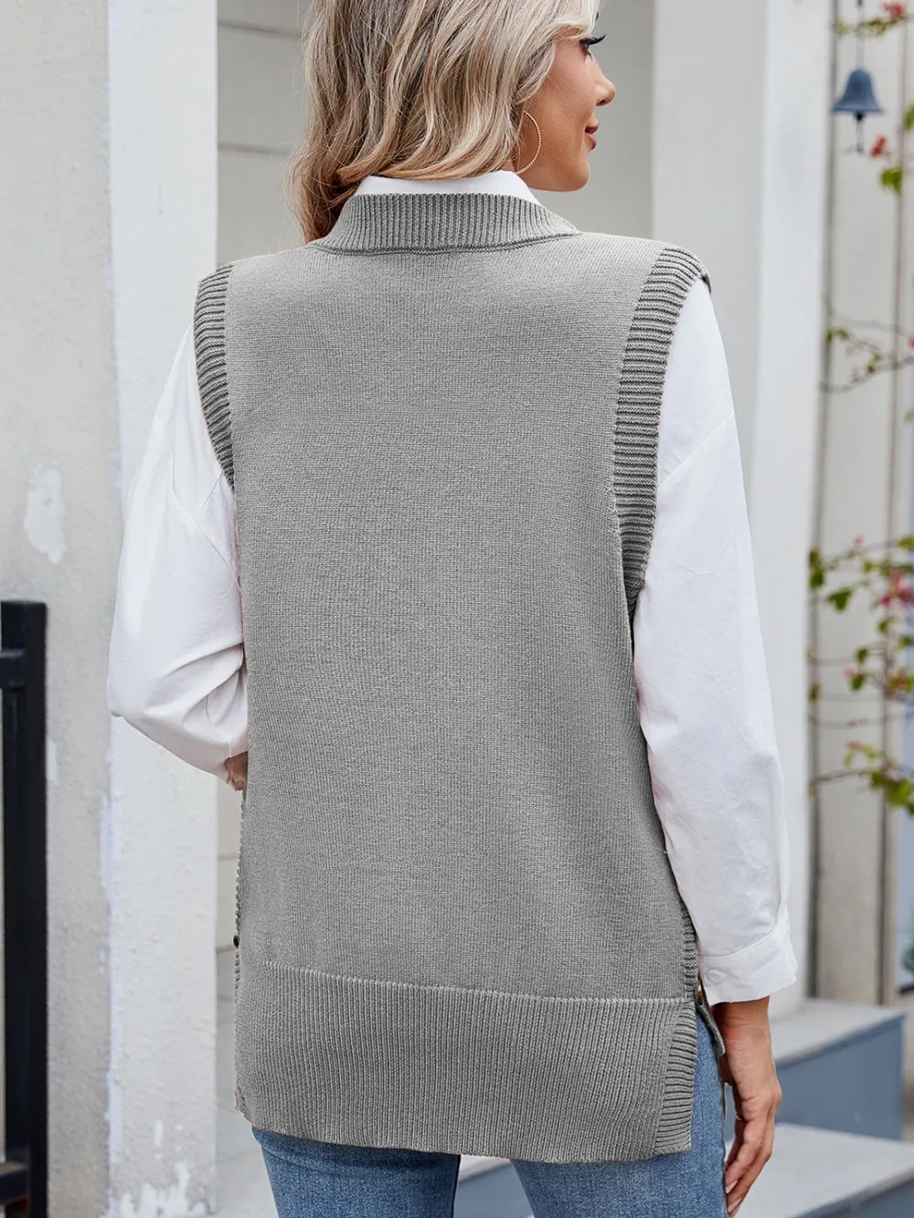 Buttoned Round Neck Sweater Vest, image 2