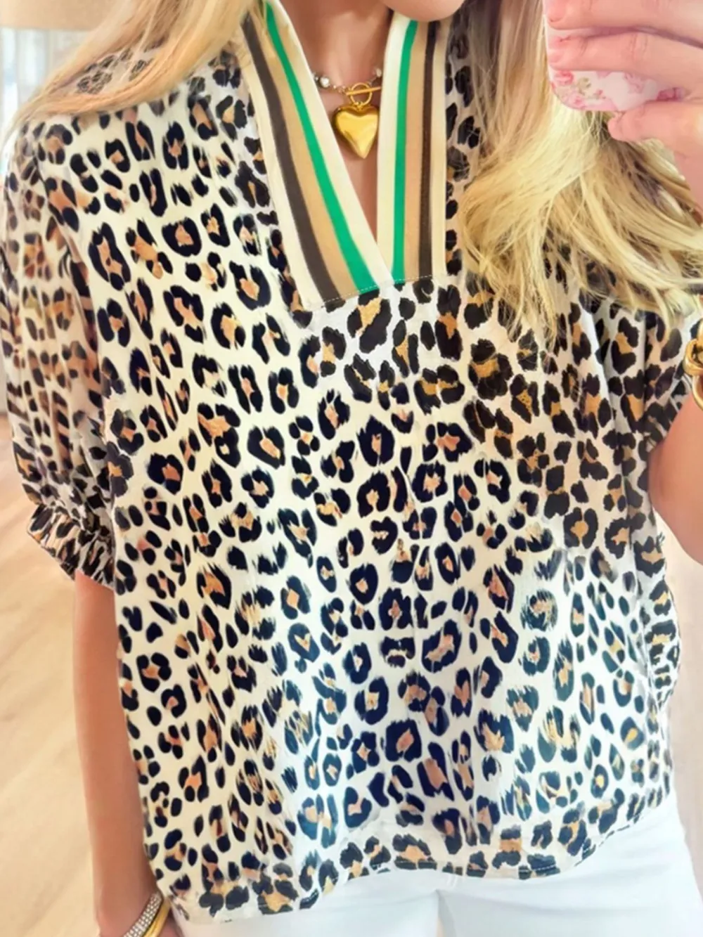 Leopard Print Notched Blouse with Striped Trim, image 2