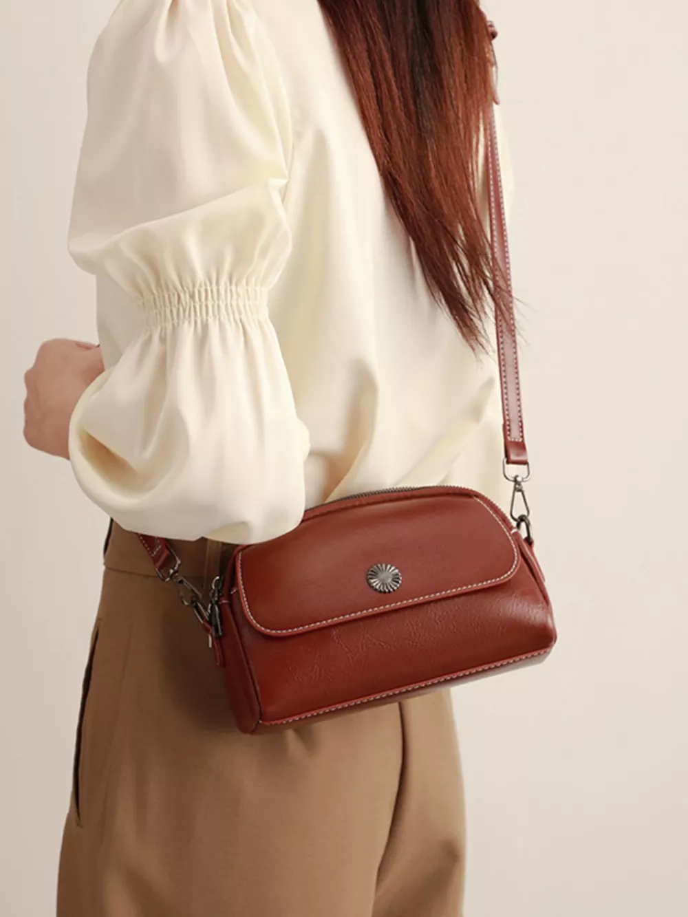 PU Leather Crossbody Bag with Metal Emblem Detail, image 5