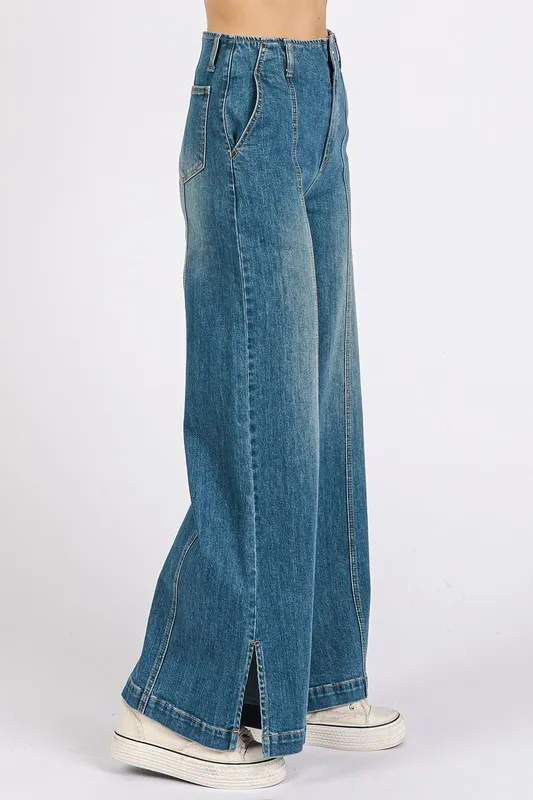Medium Wash Seam Detail Wide Leg Denim Jeans, image 2