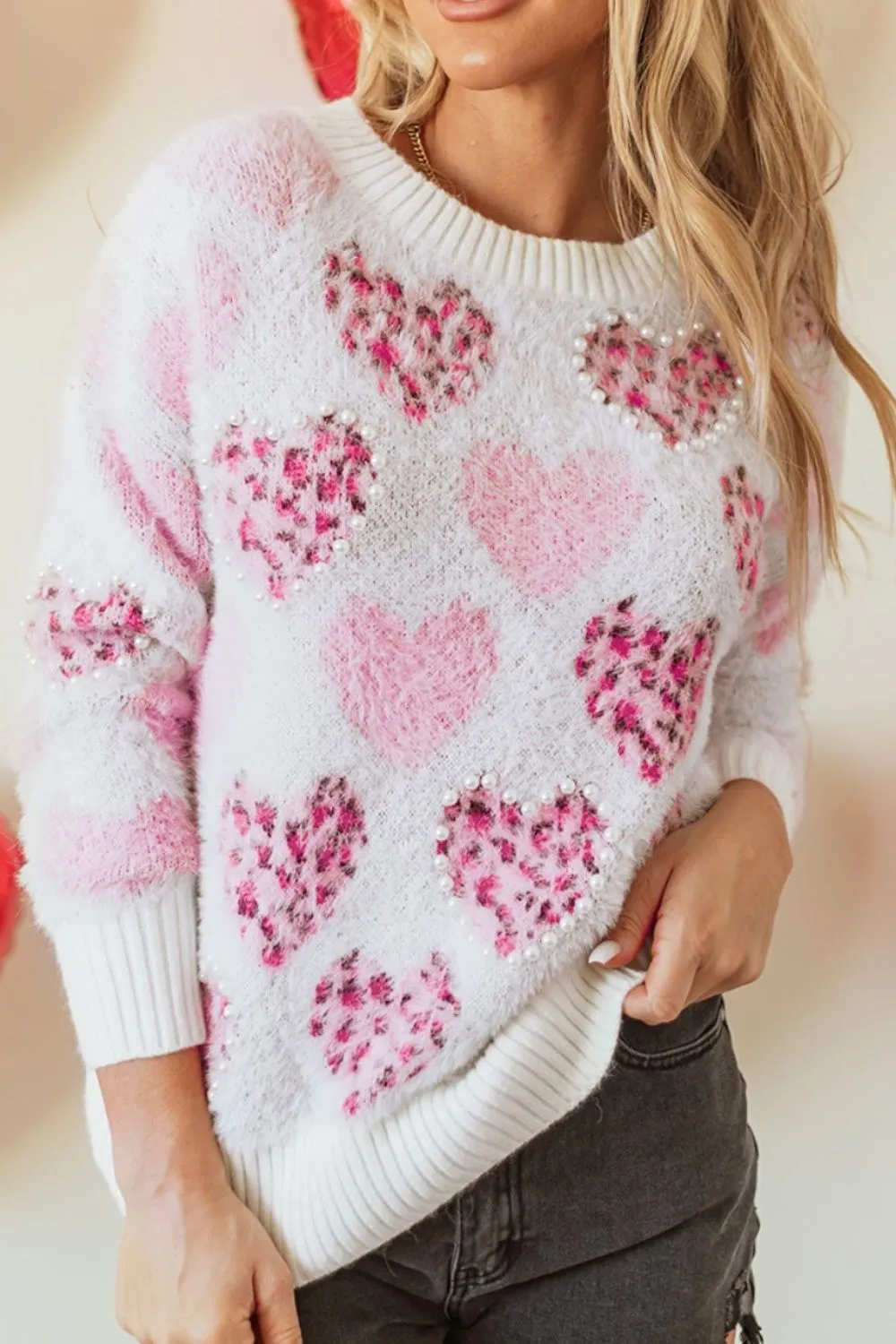 Pearl Detail Heart Round Neck Sweater, image 2