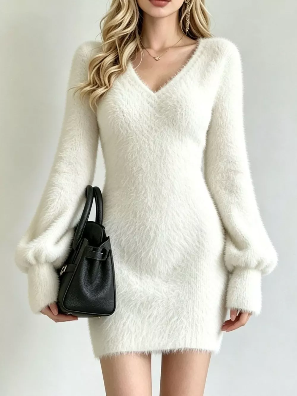 Fuzzy V-Neck Long Sleeve Sweater Dress, image 5