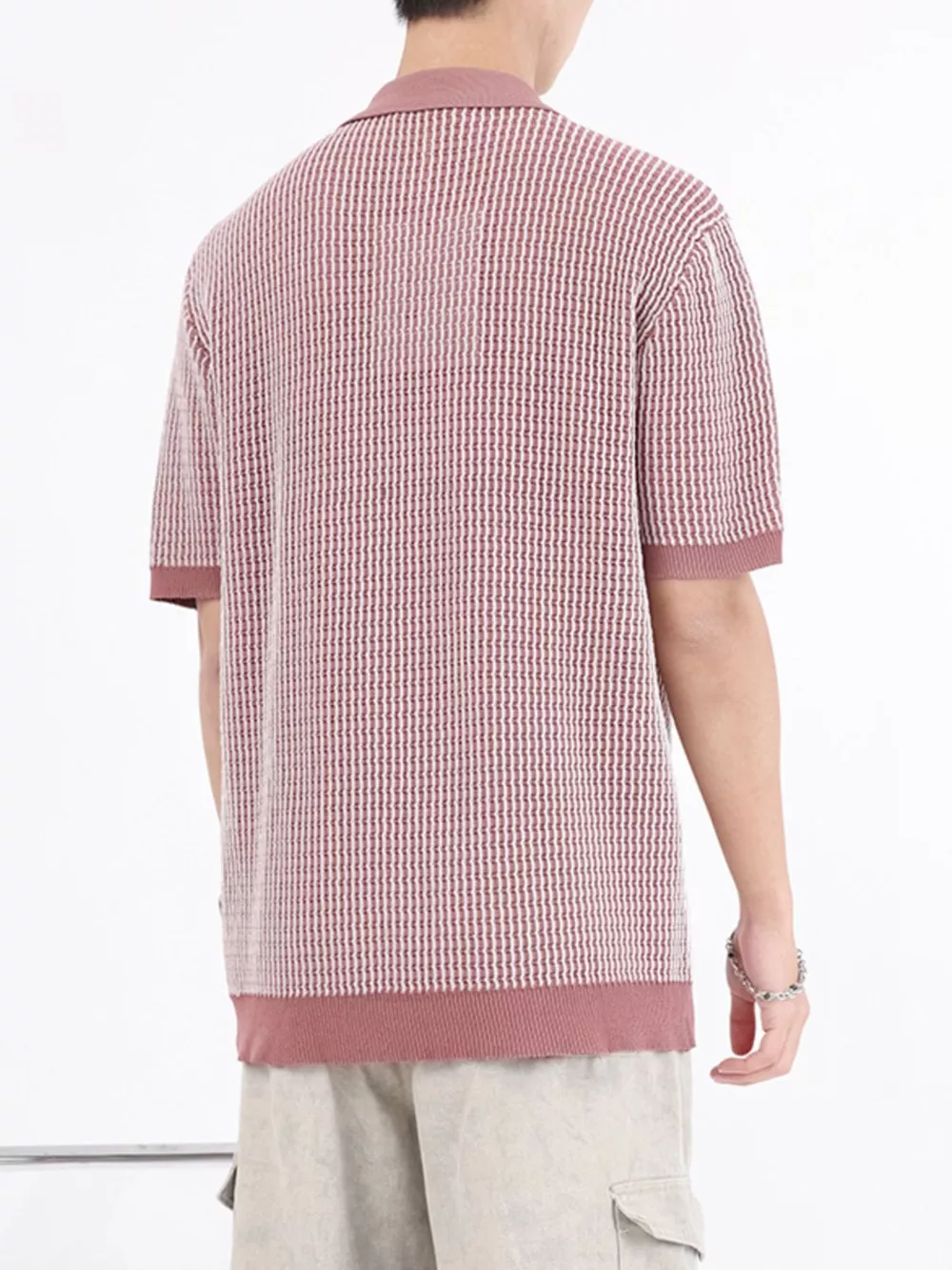 Men's Plus Size Striped Knitted Zip-Up Polo, image 4