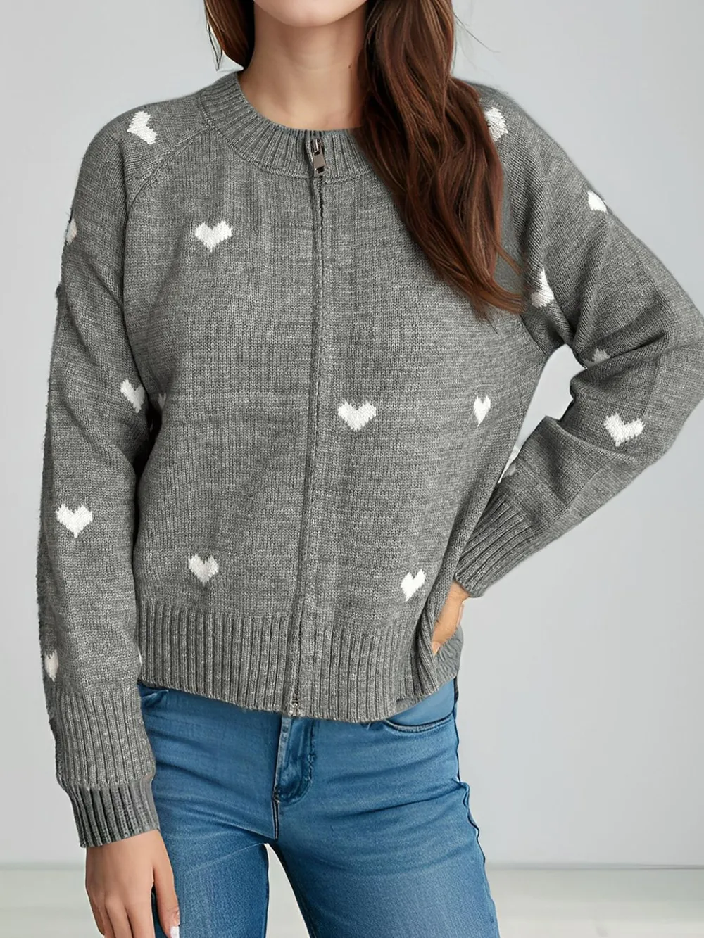 Heart Round Neck Zip Up Cardigan, image 10