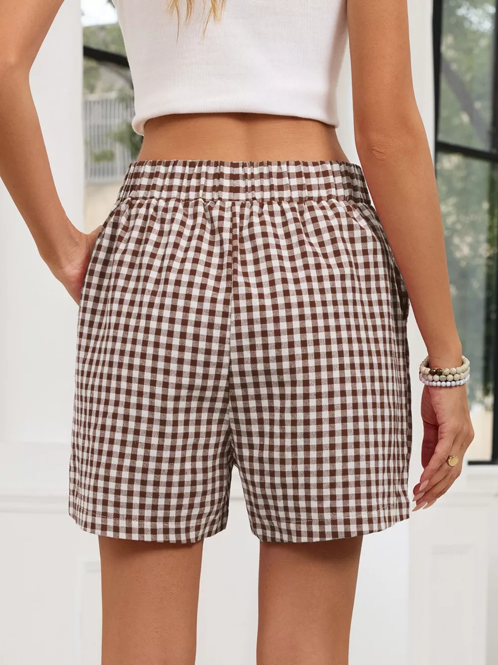 Gingham Elastic Waist Casual Shorts, image 2