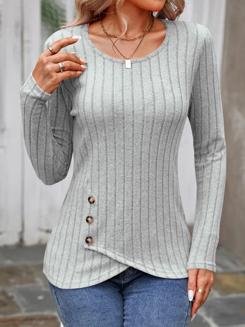 Decorative Button Round Neck Long Sleeve T-Shirt, image 2