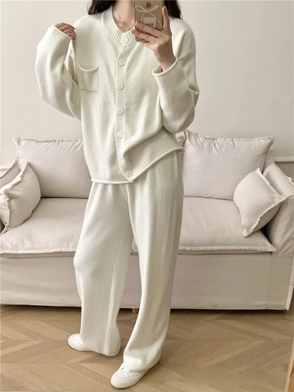 Pocketed Round Neck Button Up Cardigan and Pants Sweater Set, image 3