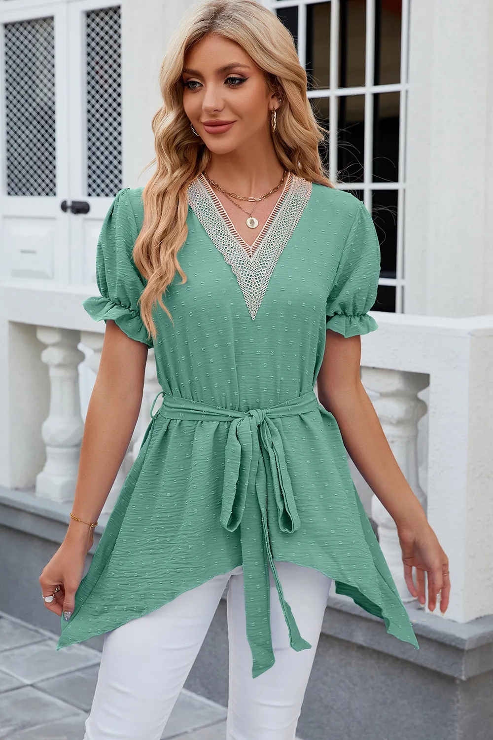 Swiss Dot Tie Waist Flounce Sleeve Blouse, image 13