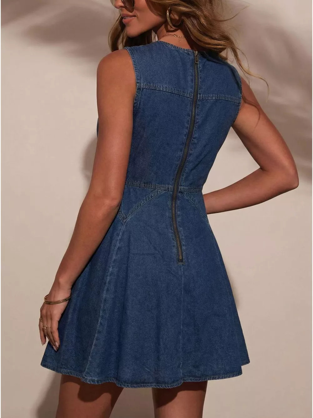 Button Decor Sleeveless Denim Dress, image 2