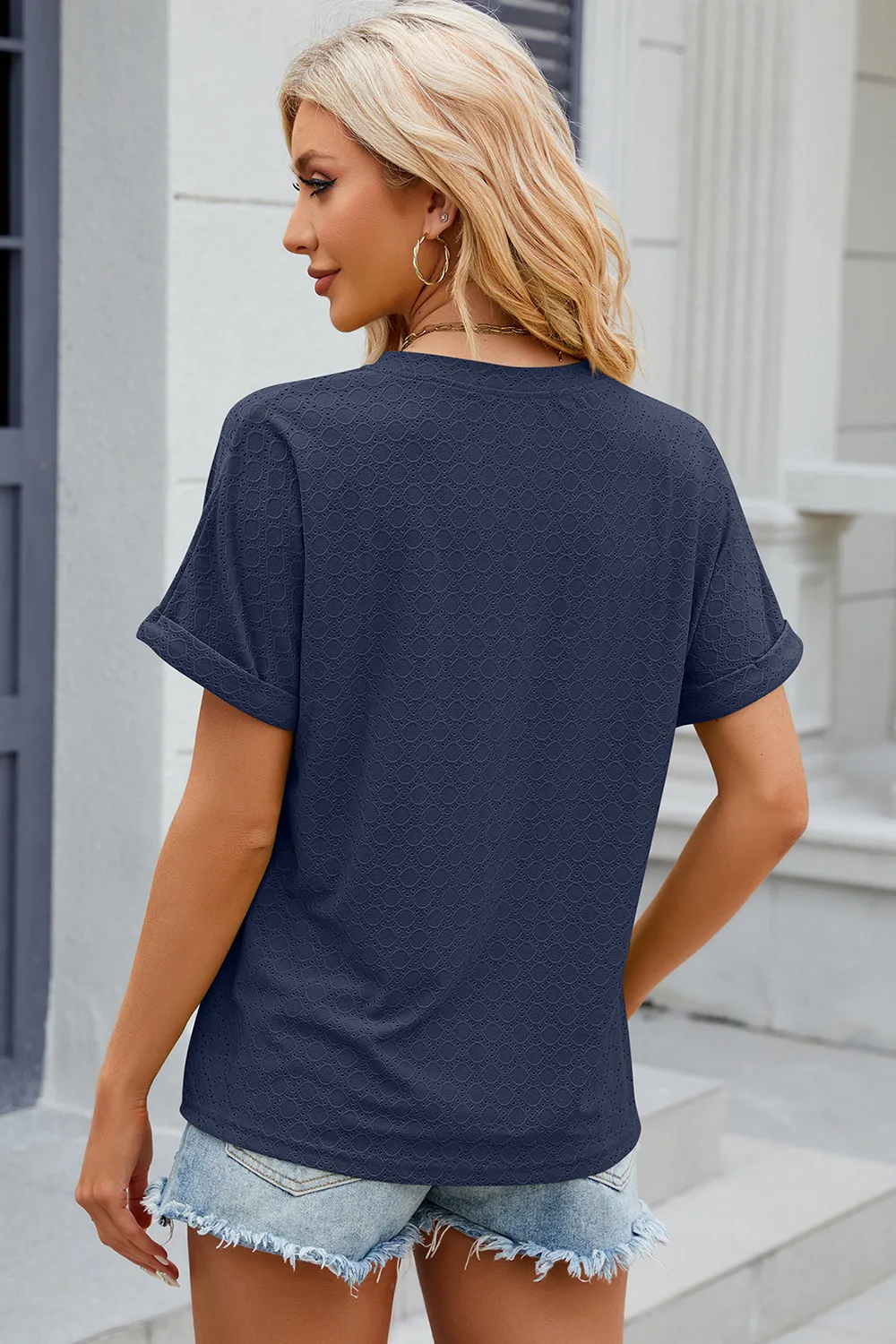 Eyelet Notched Short Sleeve T-Shirt, image 3