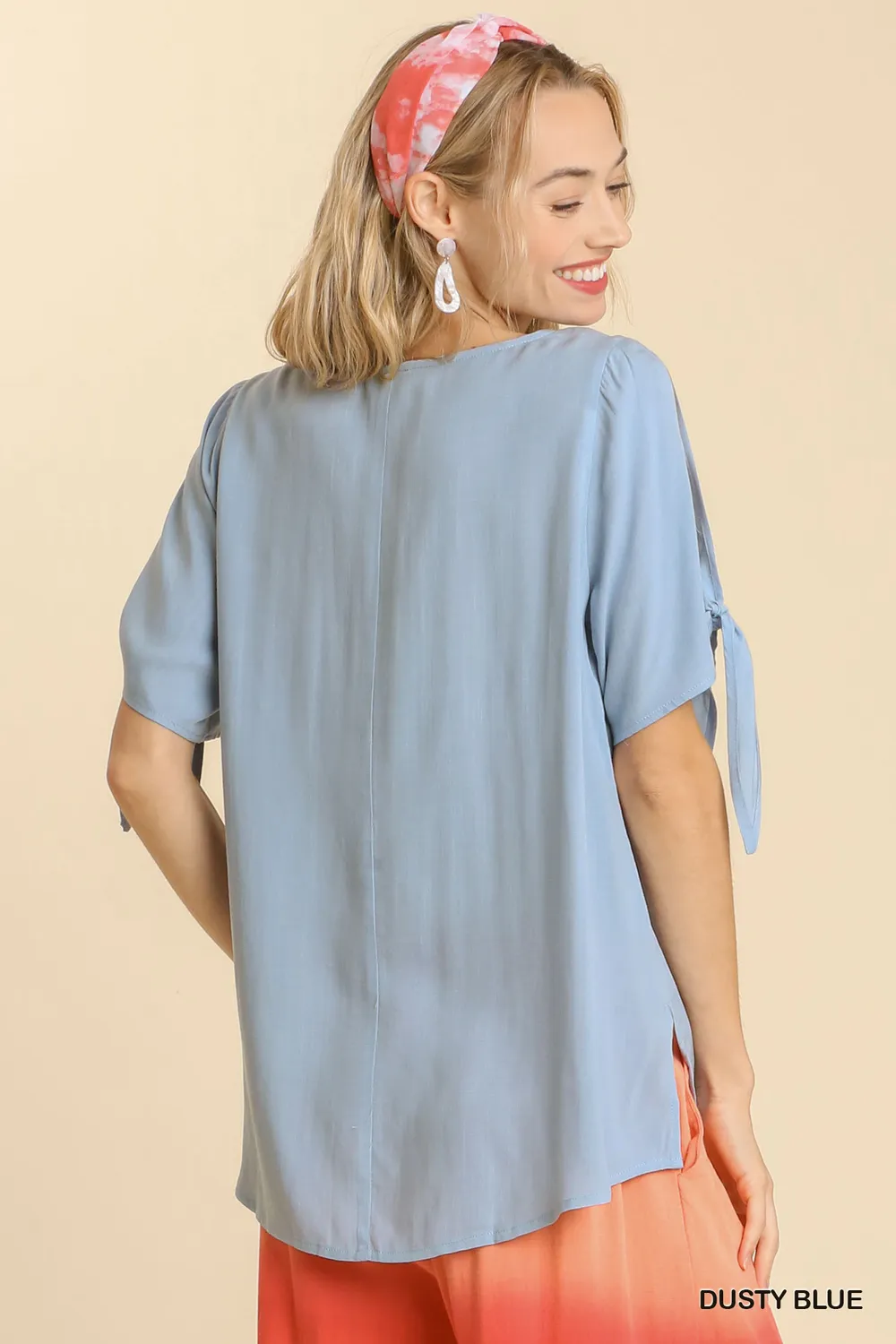 Cold Shoulder Short Sleeve Round Neck Top with Side Slits and Tie-able Knot Details, image 2