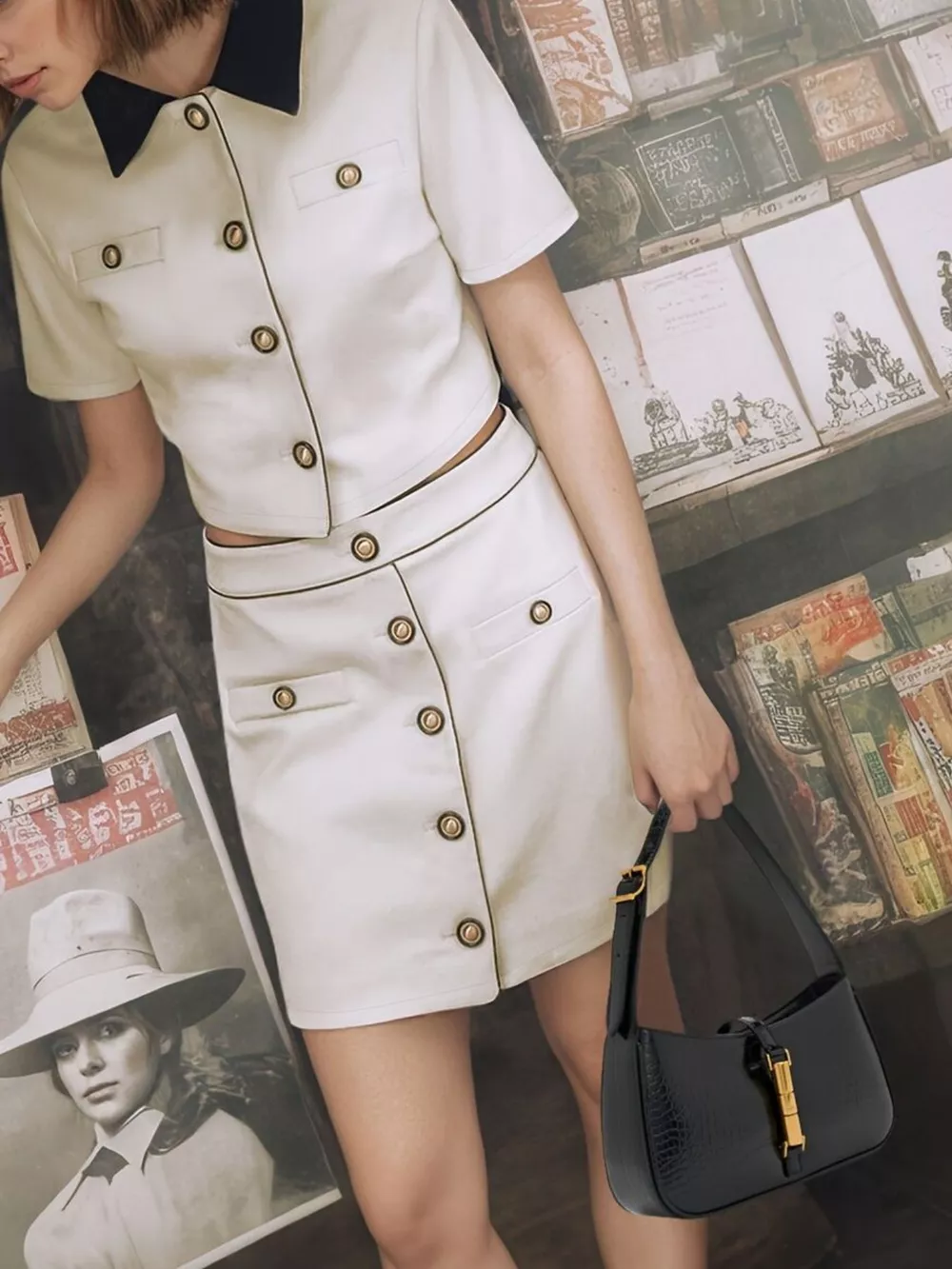 Contrast Collar Cropped Top and Mini Skirt Set, image 2