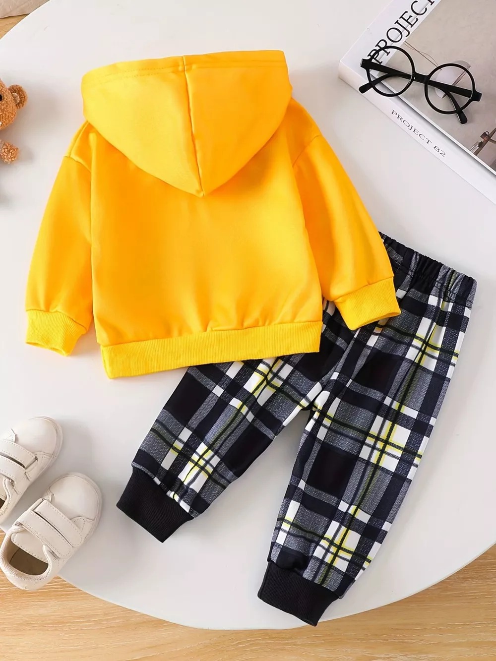 Children's Bear Graphic Hoodie & Plaid Pants Set, image 5