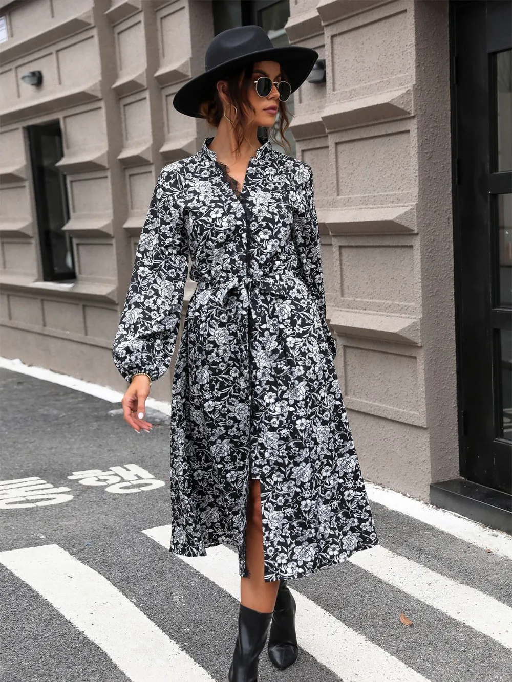 Lace Detail Printed Long Sleeve Midi Dress, image 2