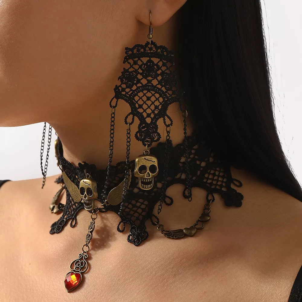 Halloween Lace Skull Necklace and Earrings Jewelry Set, image 2