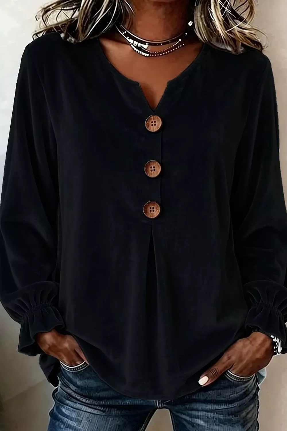 Full Size Velvet Button Decor Blouse with Ruffled Cuffs Plus Size, image 7
