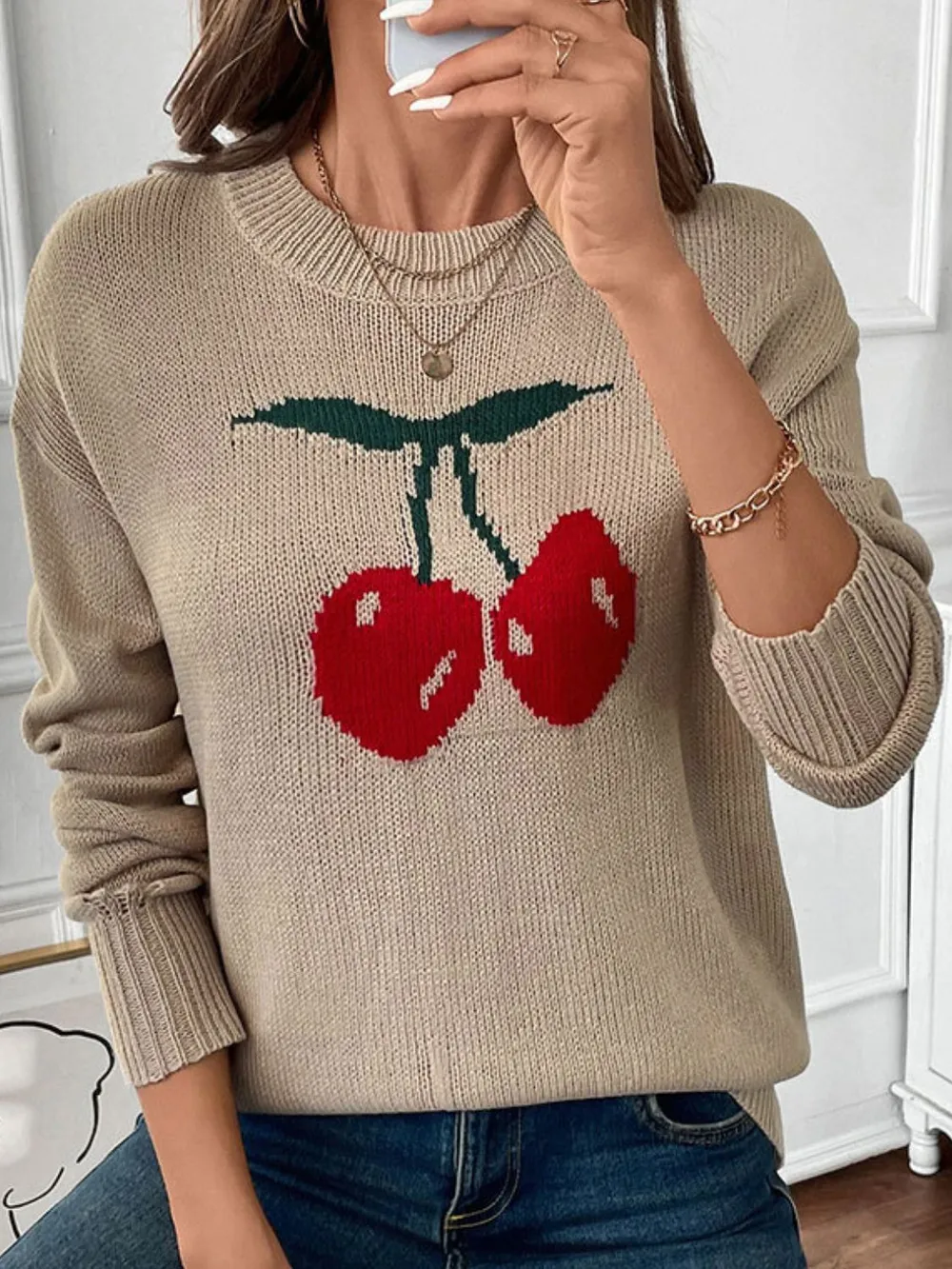 Cherry Round Neck Long Sleeve Sweater, image 3
