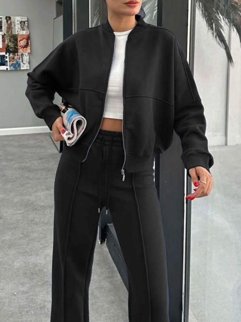 Baseball Collar Zip Up Outerwear and Drawstring Pants Set, image 2