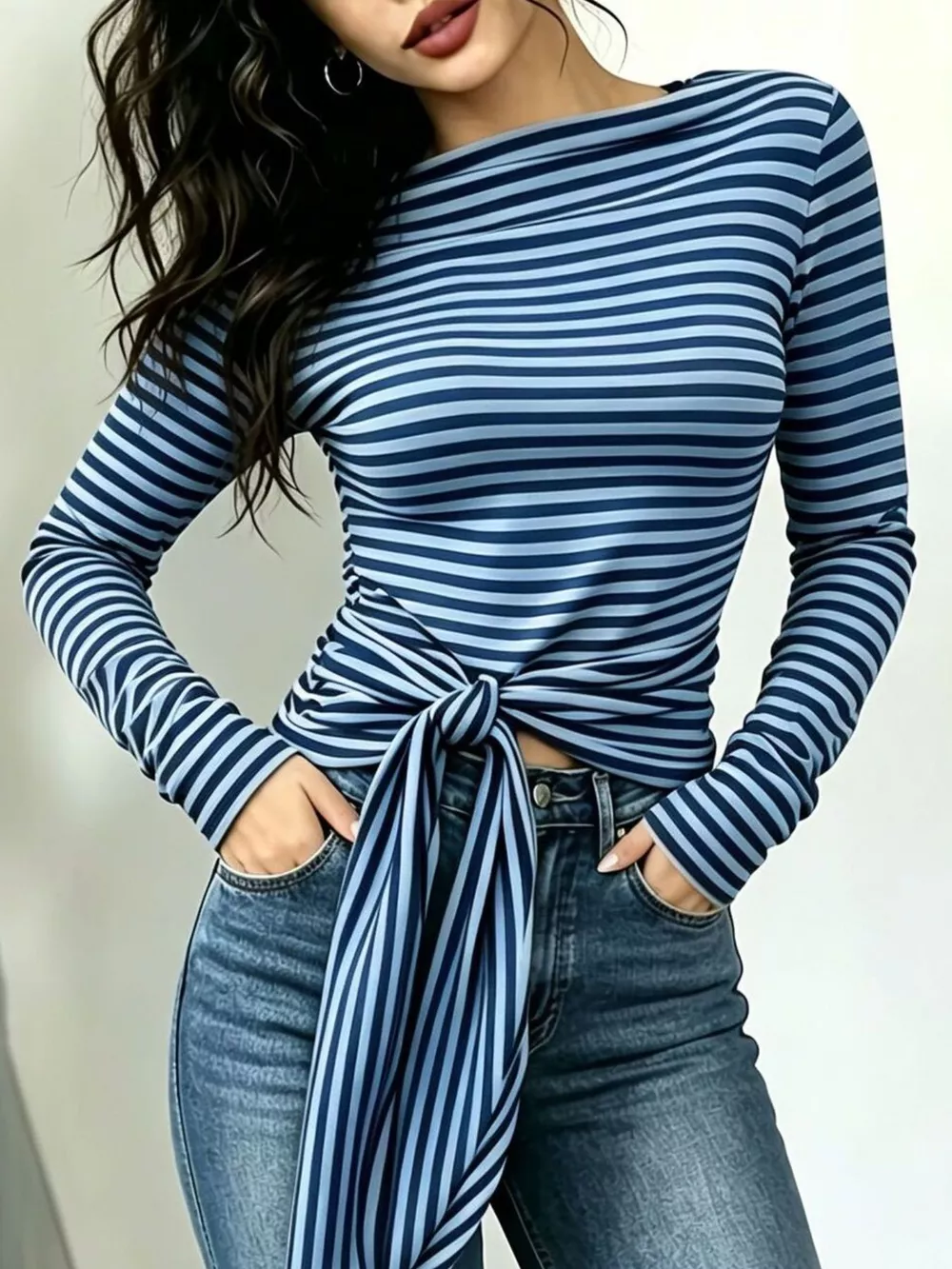 Long Sleeve Striped T-Shirt with Front Tie Detail, image 15
