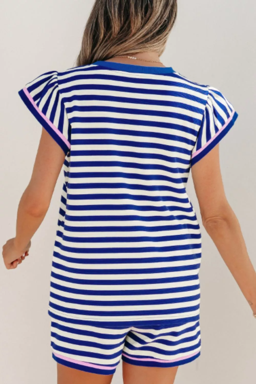 Striped Ruffle Sleeve Top and Shorts Set, image 2