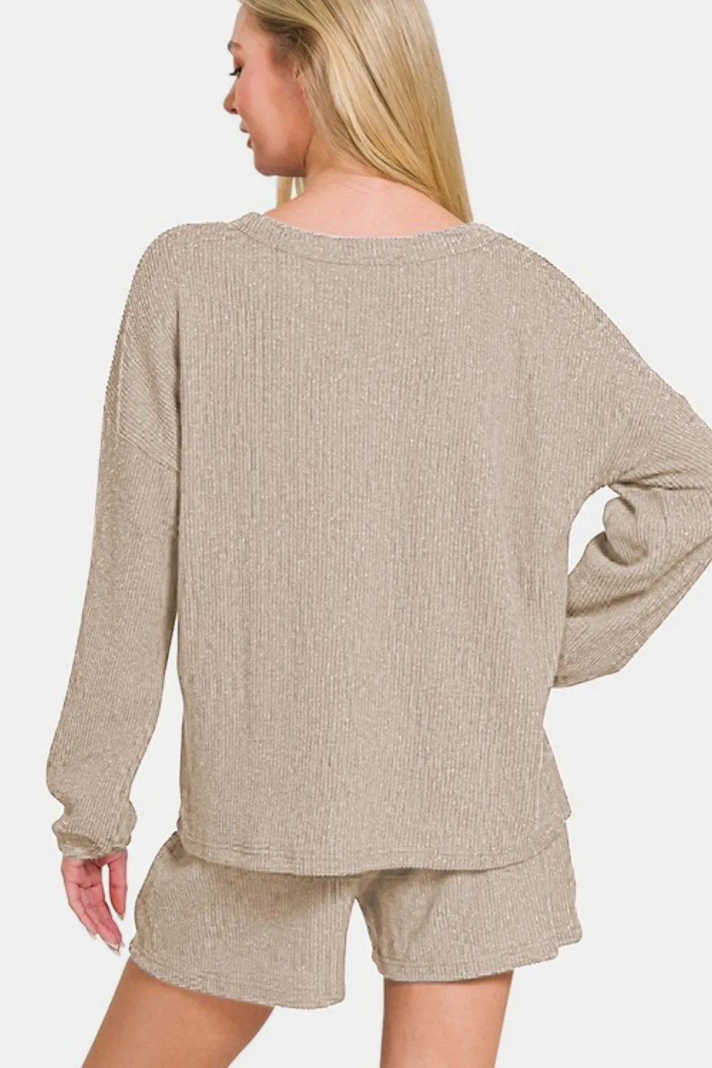 V-Neck Long Sleeve Ribbed Top and Shorts Set, image 2