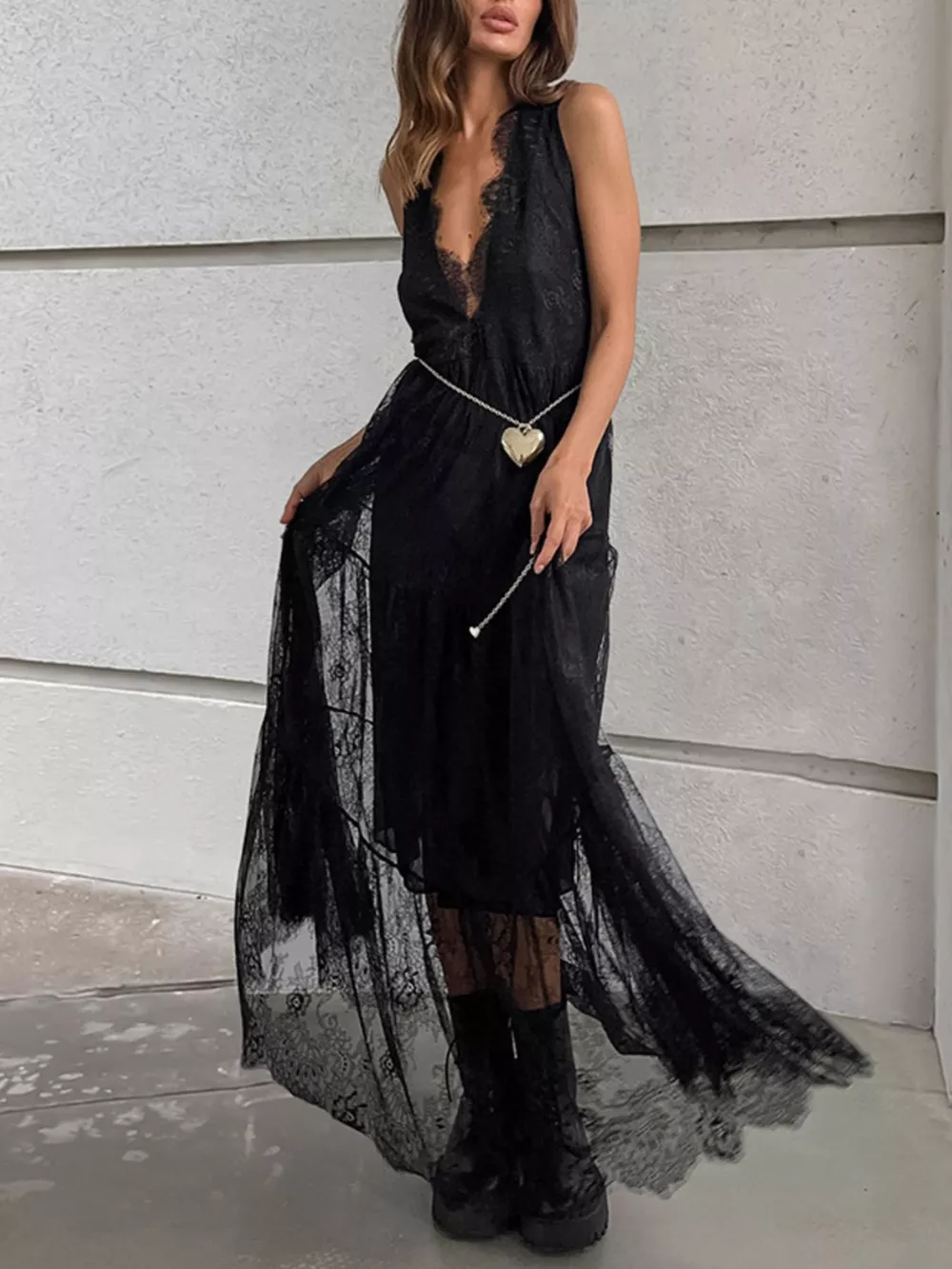 Lace V-Neck Sleeveless Maxi Dress, image 3