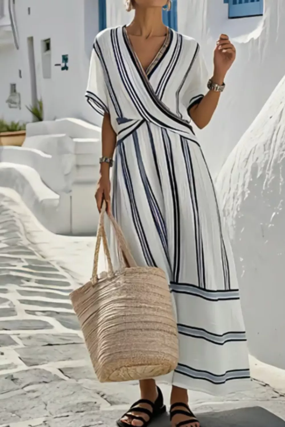 Striped Wrap Half Sleeve Maxi Dress, image 2