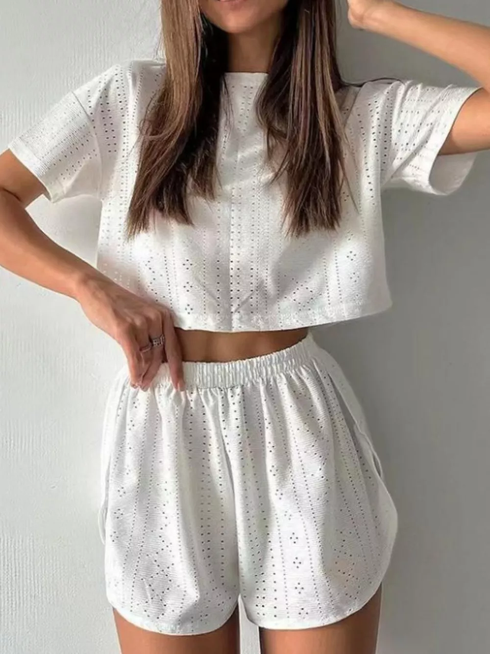 Eyelet Round Neck Top and Shorts Set, image 2