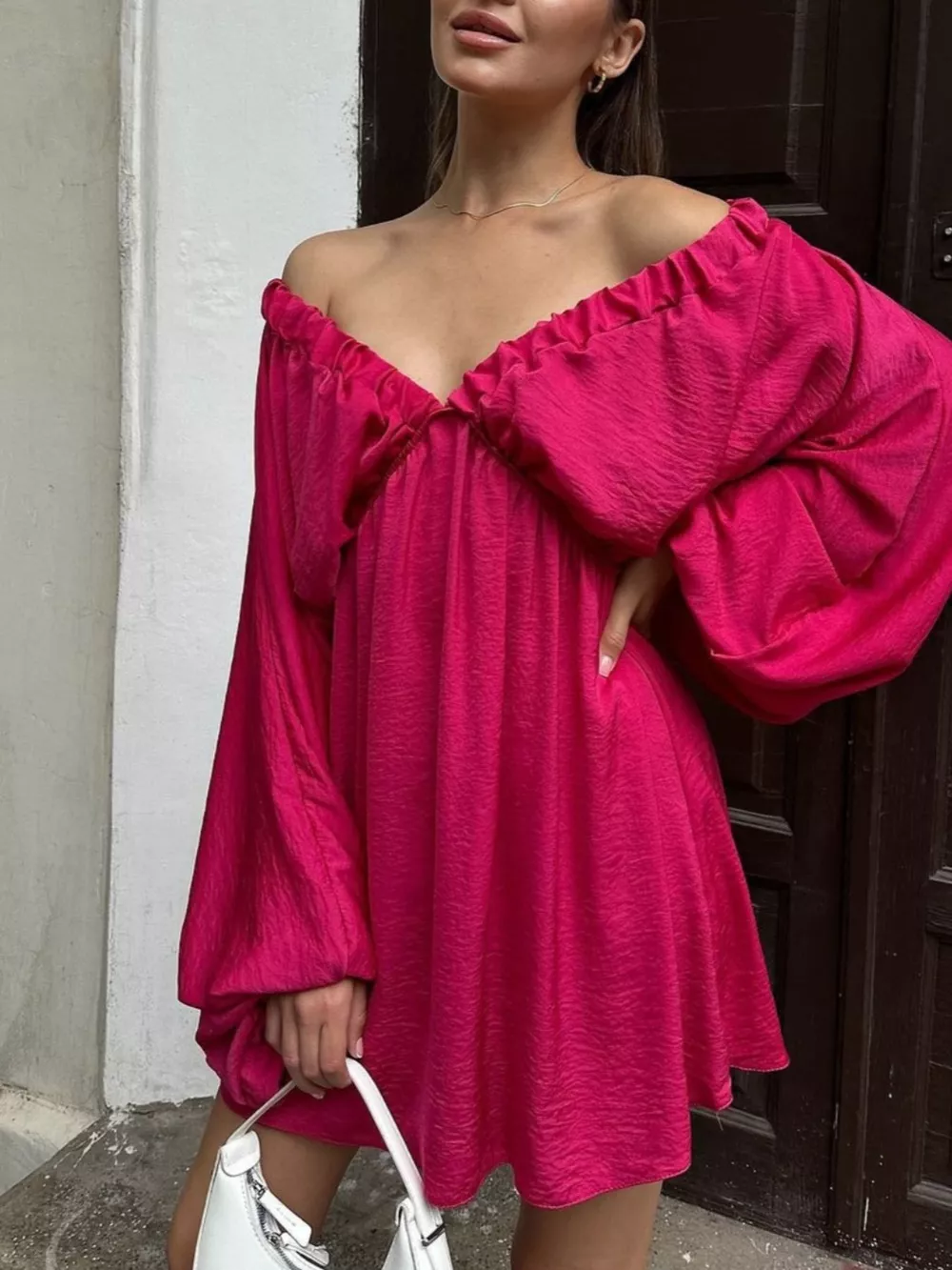 Deep V-Neck Balloon Sleeve Dress, image 2