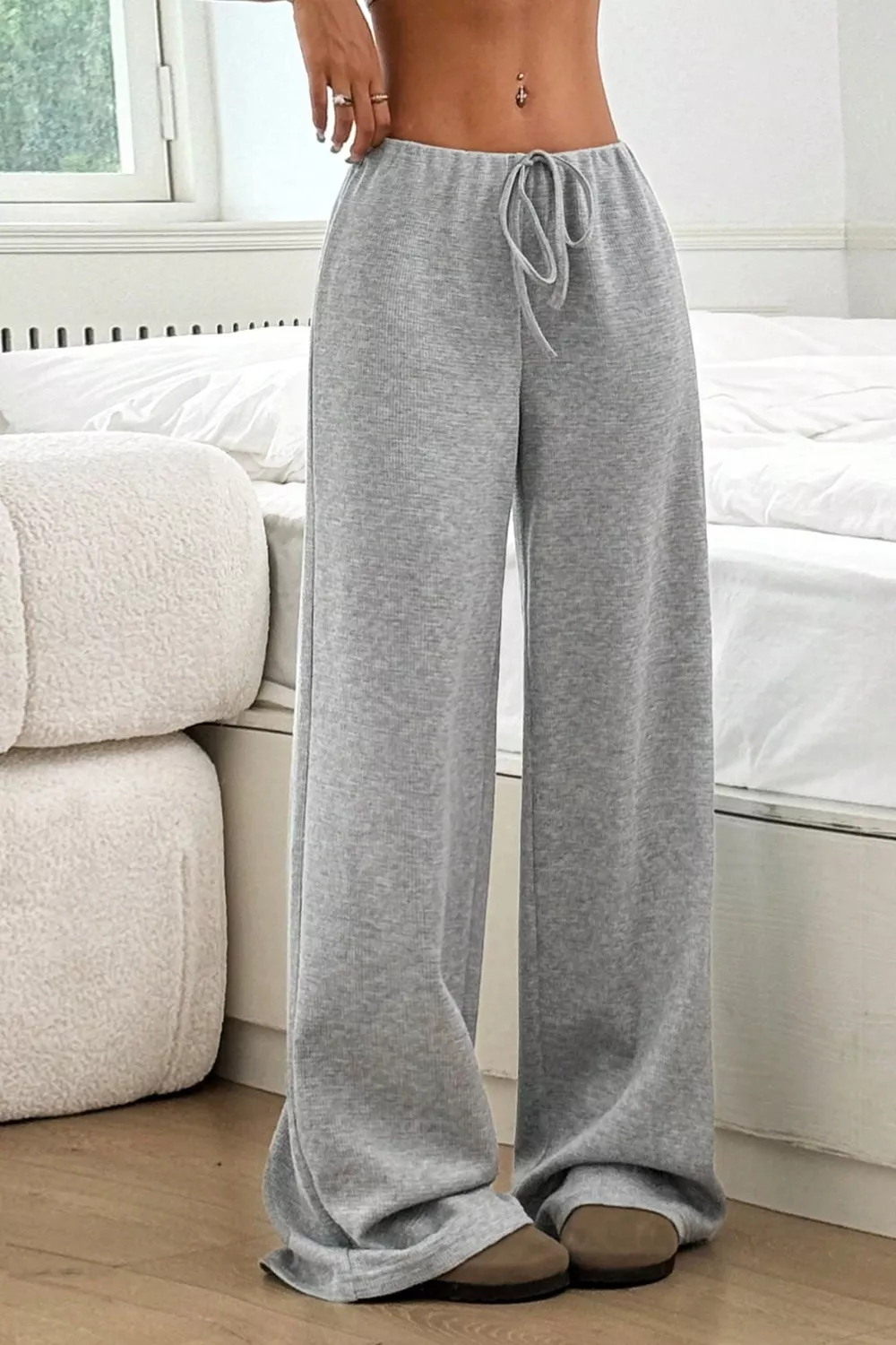 Ribbed Knit Drawstring Wide Leg Pants, image 2