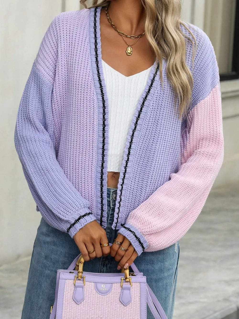 Contrast Open Front Long Sleeve Cardigan, image 2