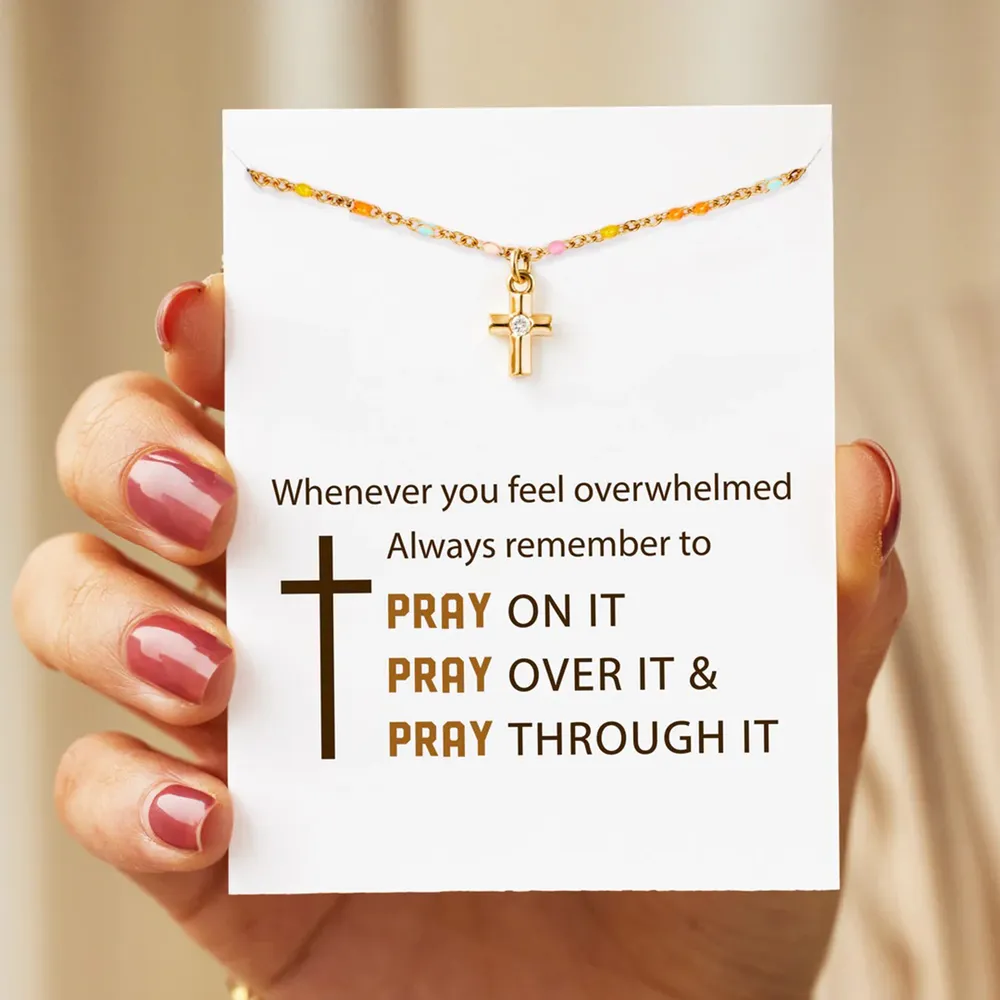 Inlaid Zircon 18K Gold-Plated Cross Bead Necklace, image 6