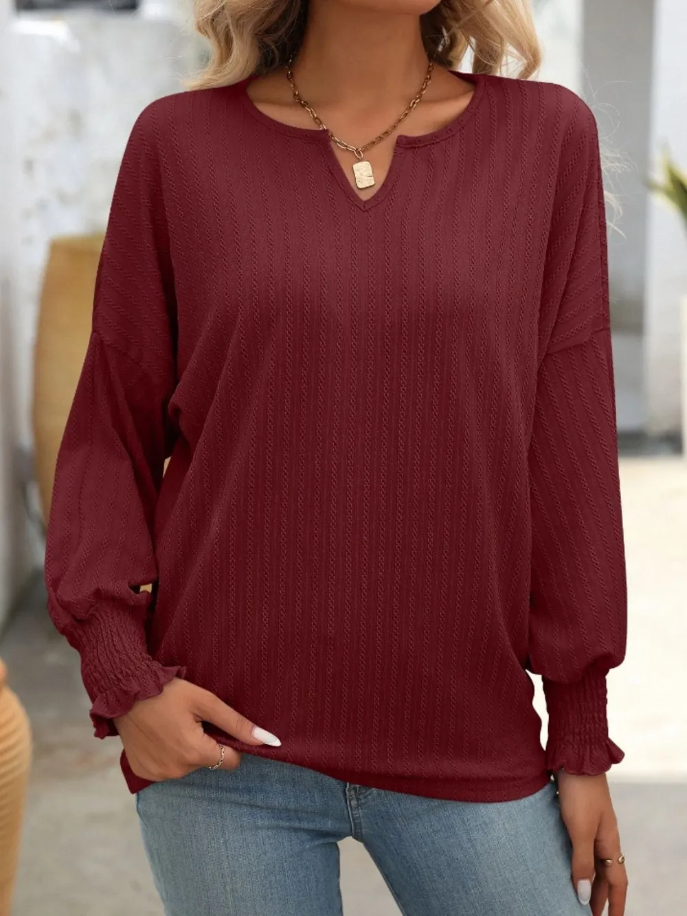 Textured Notched Lantern Sleeve T-Shirt, image 2