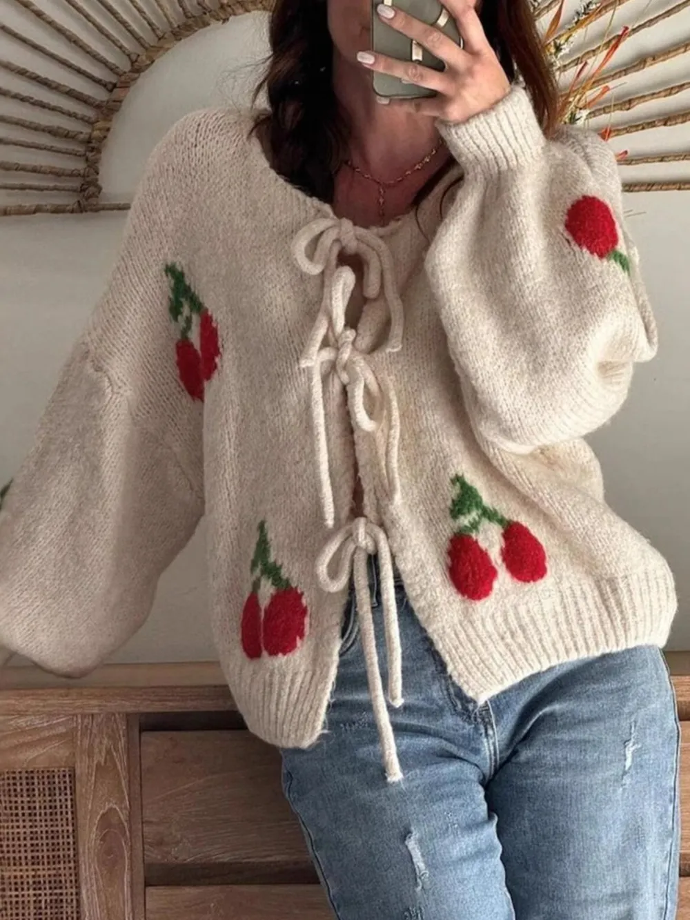 Cherry Pattern Tie-Front Oversized Cardigan, image 3