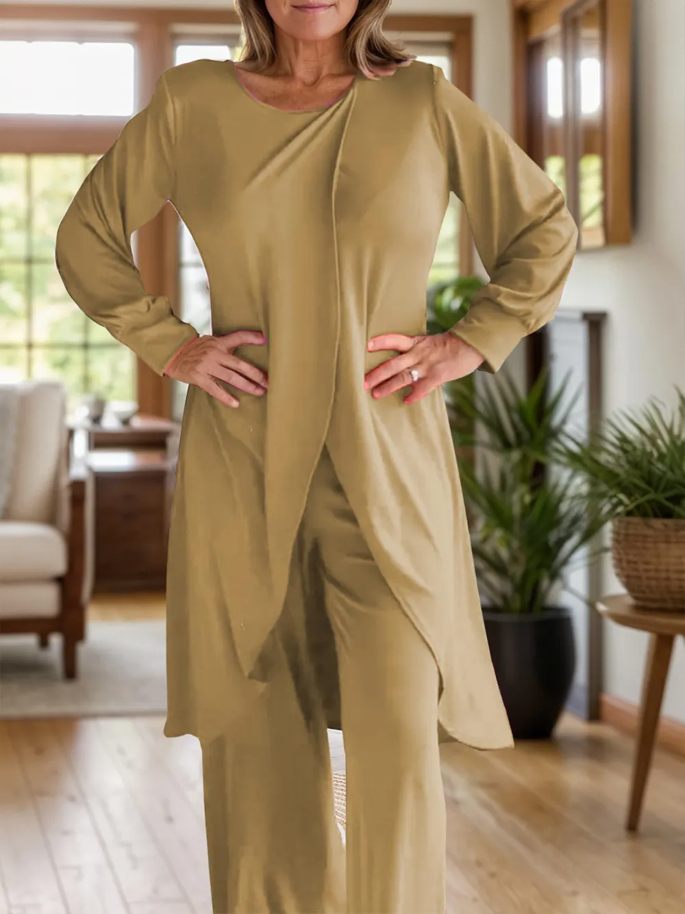 Full Size Slit Round Neck Long Sleeve Top and Pants Set, image 23