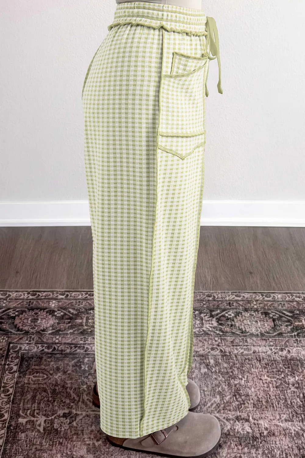 Gingham High-Waisted Drawstring Wide-Leg Pants, image 5