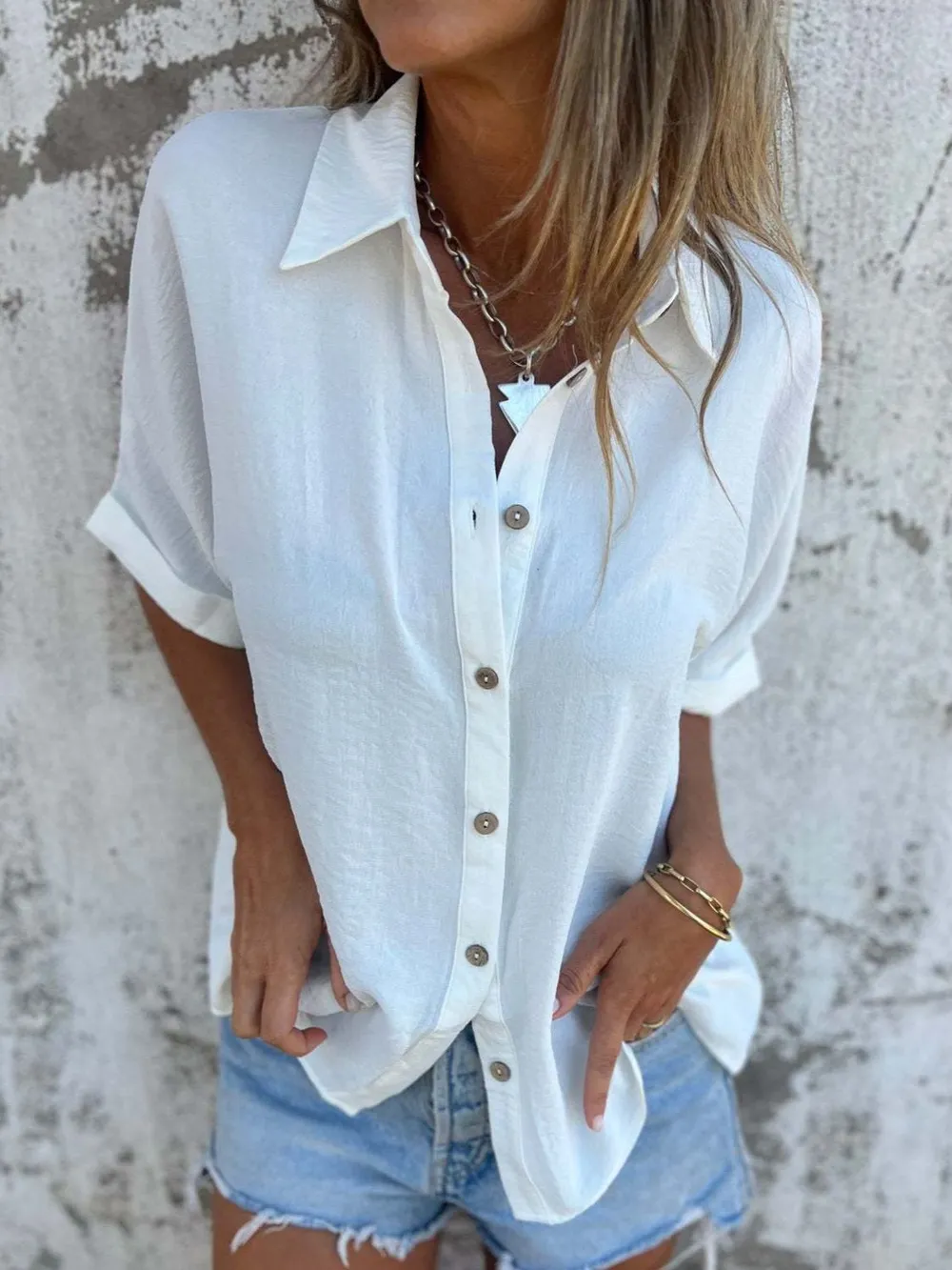 Full Size Collared Neck Half Sleeve Shirt Plus Size, image 2