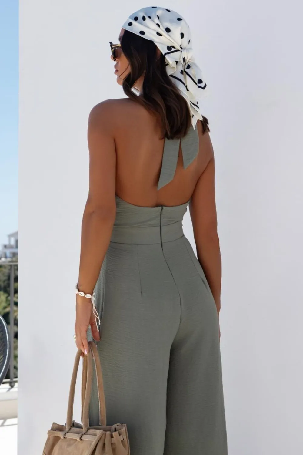 Halter Neck Wide Leg Jumpsuit with Keyhole Detail, image 2