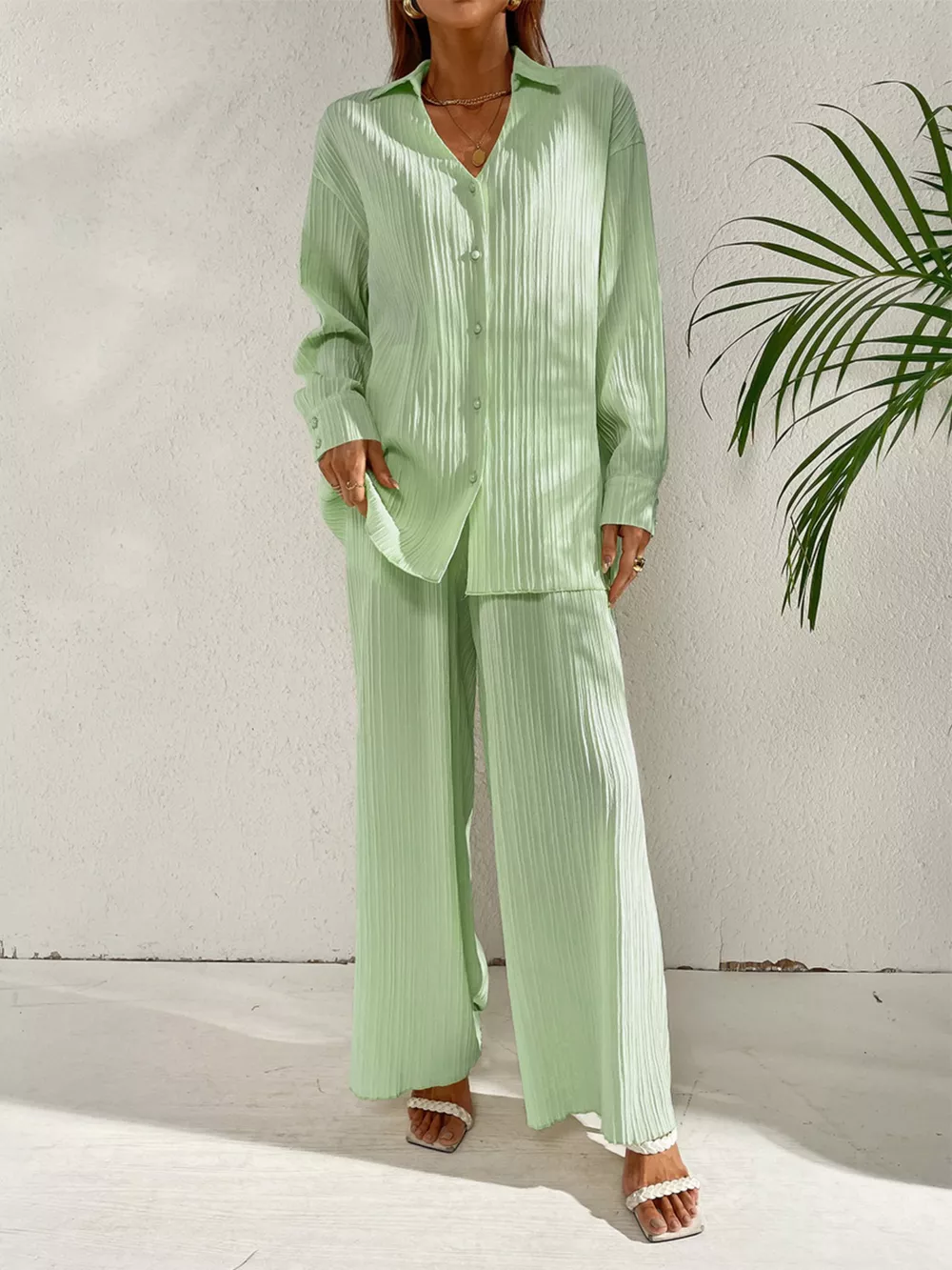 Long Sleeve Shirt & Wide Leg Pants Set, image 2