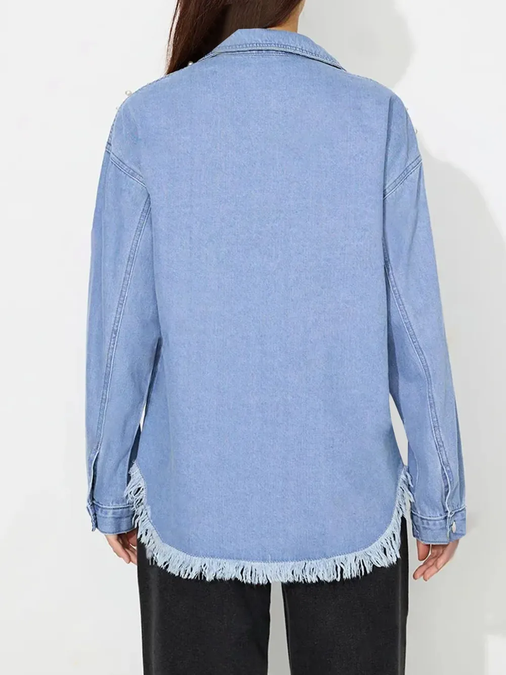 Raw Hem Pearl Trim Collared Neck Denim Top, image 10